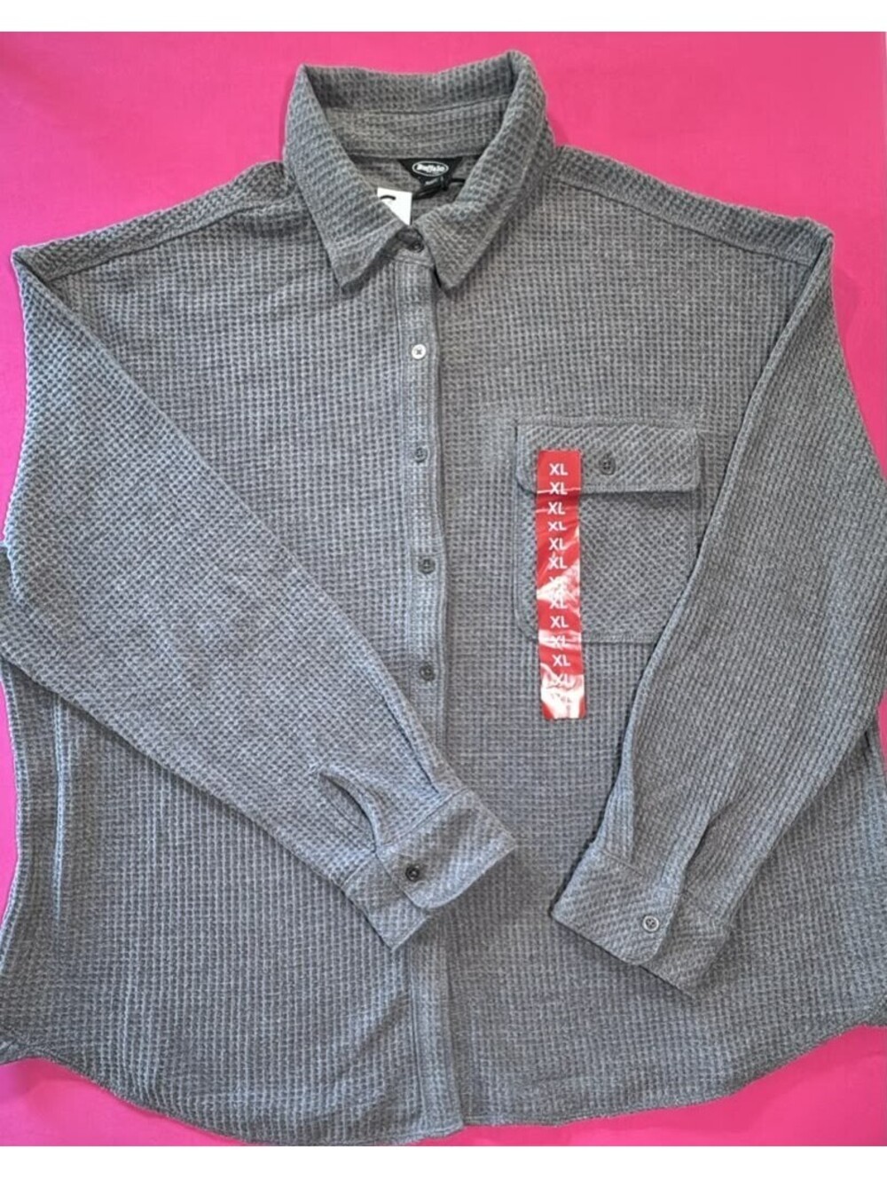 Buffalo Waffle‑Knit Button‑Up Shirt Gray Size XL – Textured Casual Long